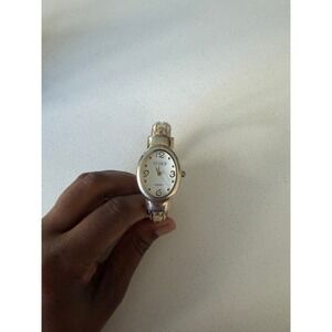 Studio Time Womens Bangle Watch Gold Tone Cream Enamel Rhinestone Oval Face